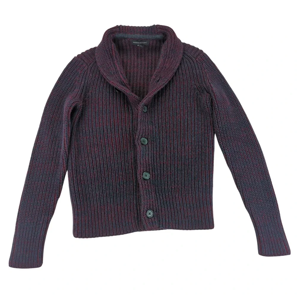 Banana Republic Shawl‎ Collar Cardigan Sweater Burgundy Navy Marl Knit Men Small